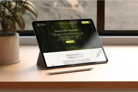 Tablet displaying a modern therapy website design with a nature-themed background, emphasizing healing and growth, alongside a stylus on a wooden desk.