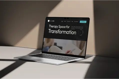 Laptop displaying a therapy website with the text "Therapy Space for Transformation," emphasizing digital resources for therapists and wellness coaches.