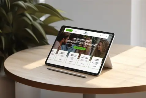 Tablet displaying a modern therapy website design for mental health professionals, featuring a welcoming layout and engaging visuals on a wooden table, surrounded by greenery.