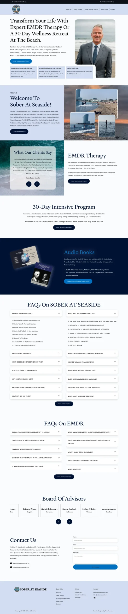 EMDR therapy website design showcasing a calming coastal theme, emphasizing safety and trust, featuring soothing colors and modern typography suitable for trauma therapy practitioners.