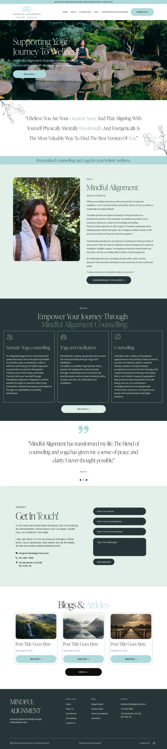Minimalist therapist website design for Mindful Alignment, featuring a serene color palette and elegant typography, promoting a calming digital experience for holistic therapy services.