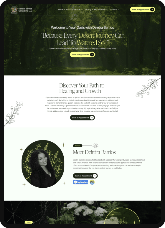 Deirdra Barrios Consulting LLC website design featuring nature-inspired aesthetics, emphasizing healing and growth, with a welcoming message and call-to-action for therapy services.