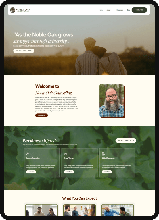 Noble Oak Counseling website design featuring serene nature-inspired aesthetic, emphasizing strength and resilience, with services for trauma therapy.