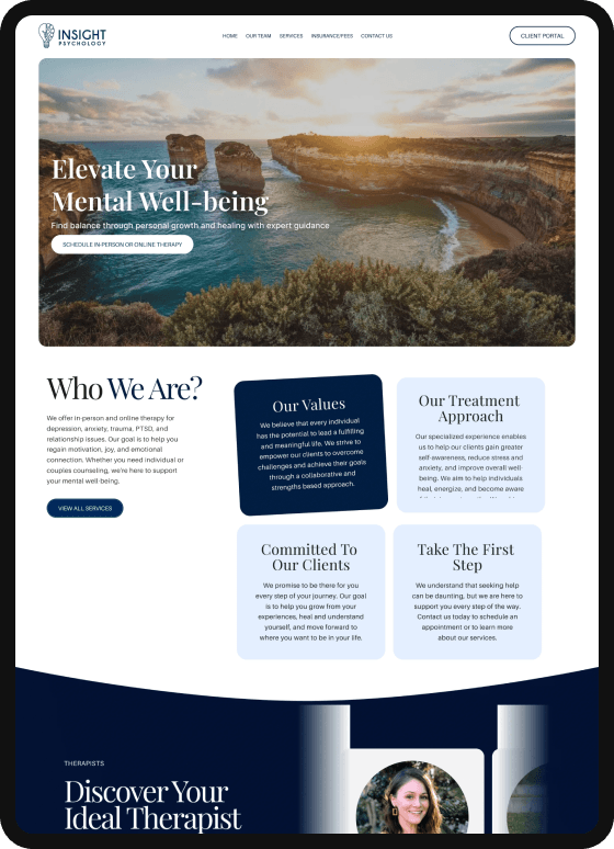 Noble Oak Counseling website design featuring a serene, nature-inspired aesthetic with earthy colors and a professional layout, emphasizing strength and resilience for trauma therapy services.