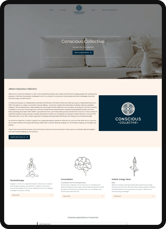 Conscious Collective website homepage featuring serene therapy space with neutral tones, inviting atmosphere, and logo emphasizing holistic mental health services.