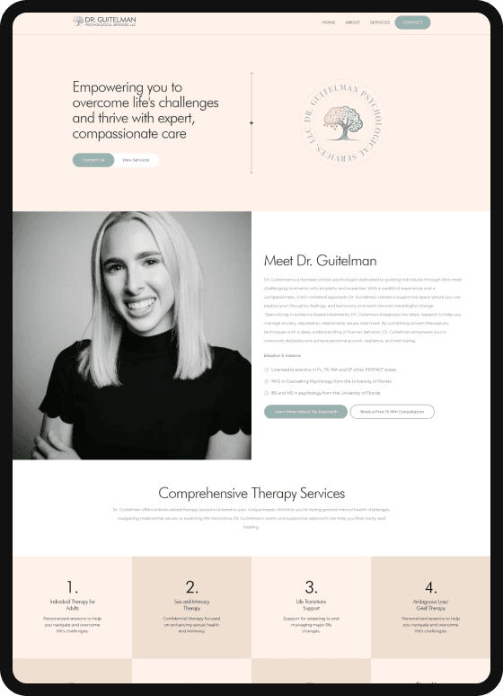 Image of Dr. Guitelman, a licensed psychologist, smiling and wearing a black top, featured on the therapy services website for Noble Oak Counseling LLC, emphasizing compassionate care and support for overcoming life&rsquo;s challenges.