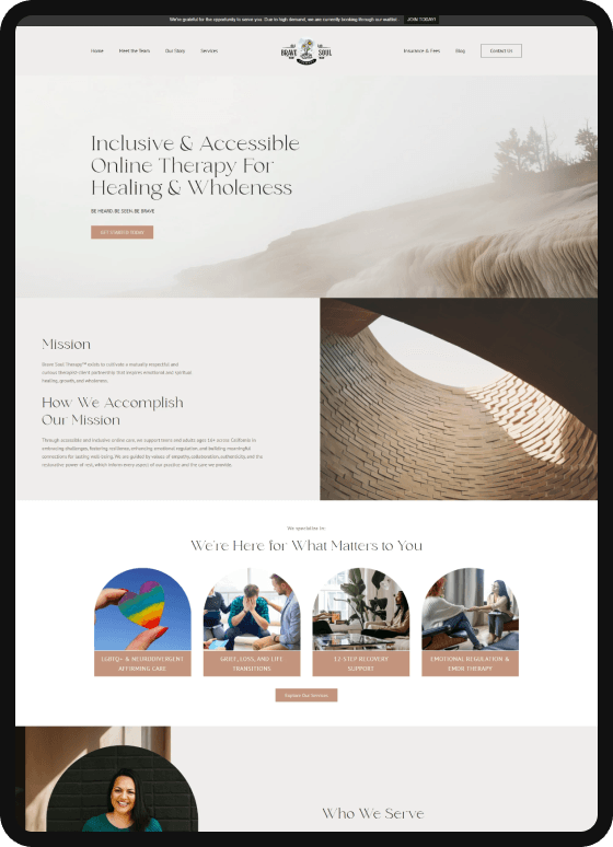 Inclusive and accessible online therapy website design featuring serene nature-inspired aesthetics, emphasizing healing and wholeness for trauma therapy services.