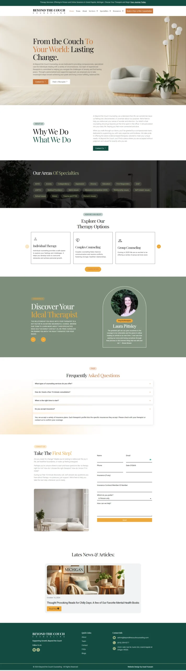 Warm, retro-inspired website design for Beyond the Couch Counseling, featuring a calming aesthetic with soft colors, inviting furniture, and a focus on holistic therapy for individuals seeking healing.