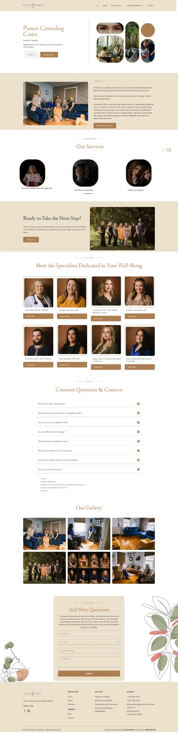 Pioneer Counseling Center website design featuring a warm color palette and sophisticated layout, showcasing therapists and inviting client engagement for mental health services.
