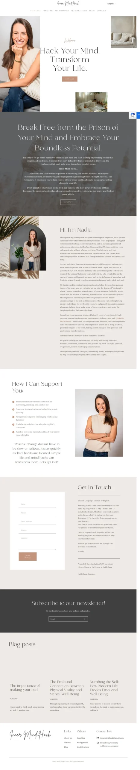 Woman smiling in a light-filled, minimalist coaching website design, featuring elegant typography and a serene color palette, reflecting the Inner Mind Hack's focus on transformative life coaching.