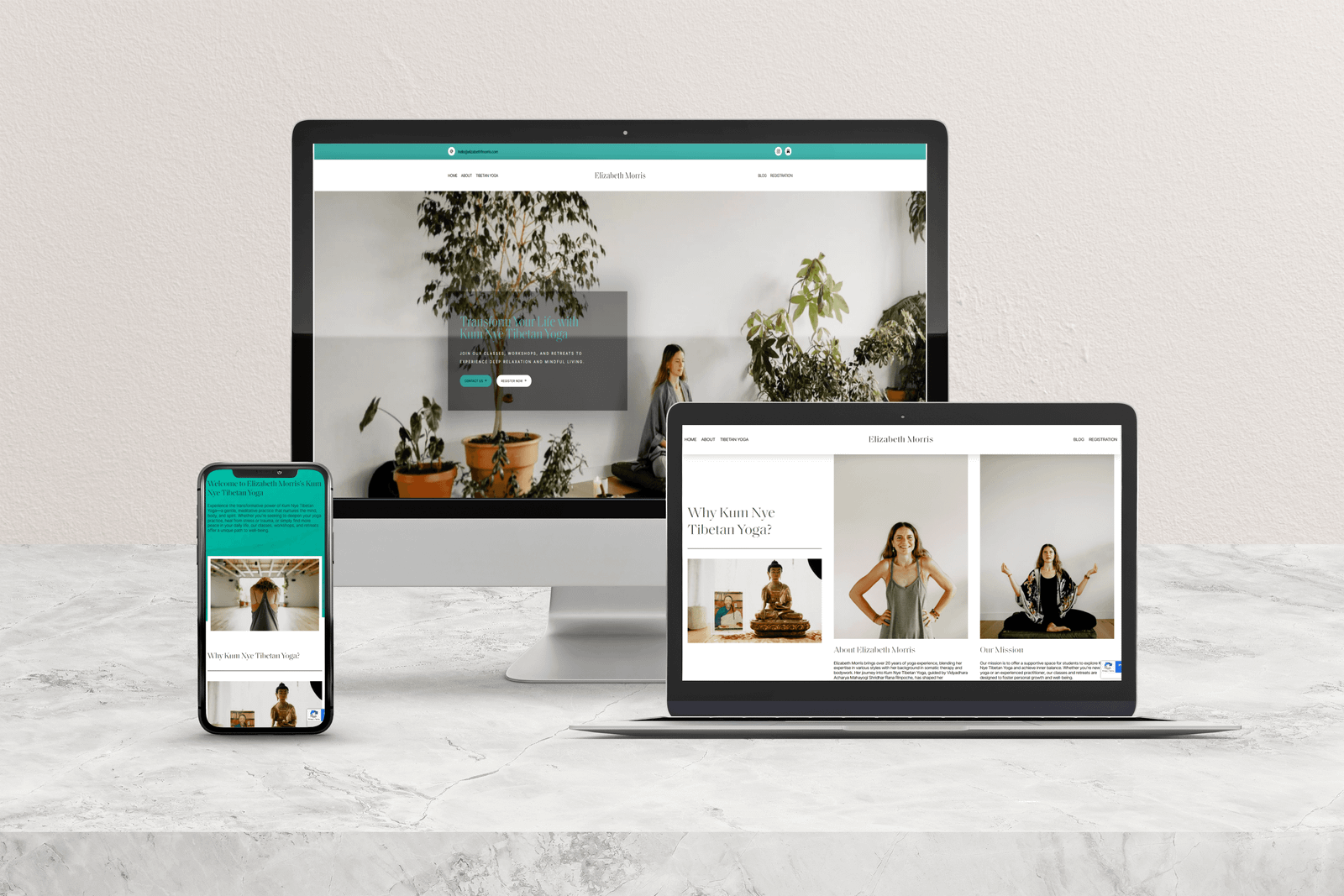 Website design mockup showcasing a therapist's site on desktop and mobile devices, featuring a calming aesthetic with plant decor and engaging content layout, relevant for mental health professionals.