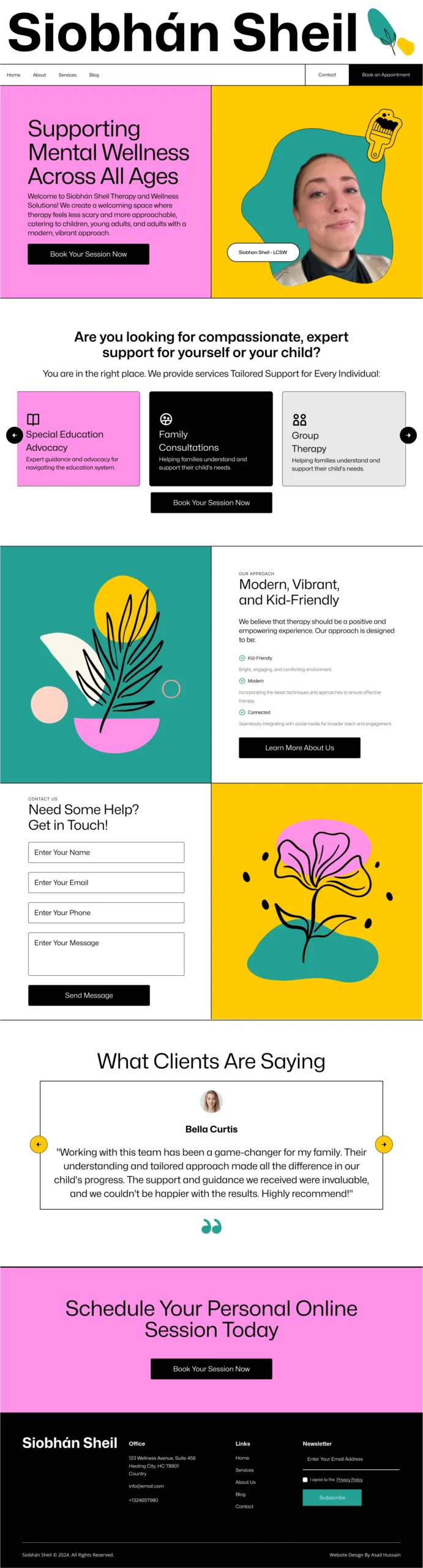 Colorful abstract design featuring vibrant flowers and leaves, emphasizing a modern and inviting atmosphere for therapy services at Siobh&aacute;n Sheil Therapy Practice.
