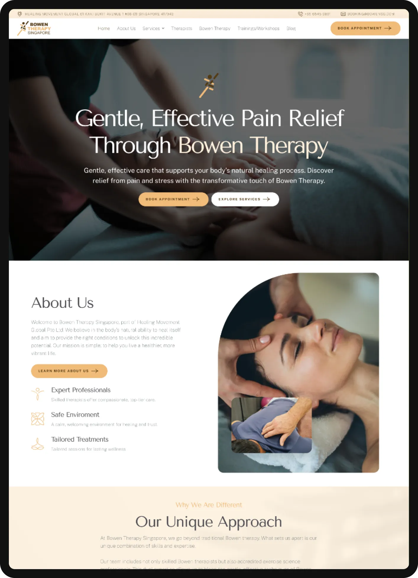 Tablet mockup displaying Bowen Therapy website design, featuring a serene aesthetic with nature-inspired elements, emphasizing trauma therapy services, and reflecting the values of strength and resilience for Noble Oak Counseling LLC.