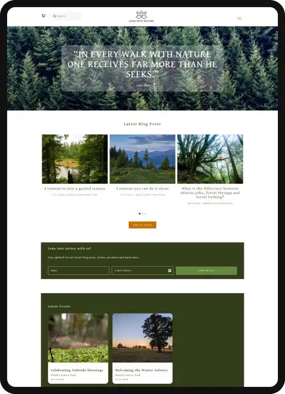 Noble Oak Counseling website design showcasing serene, nature-inspired aesthetic with lush greenery and a calming atmosphere, reflecting strength and resilience for trauma therapy services in Colorado.