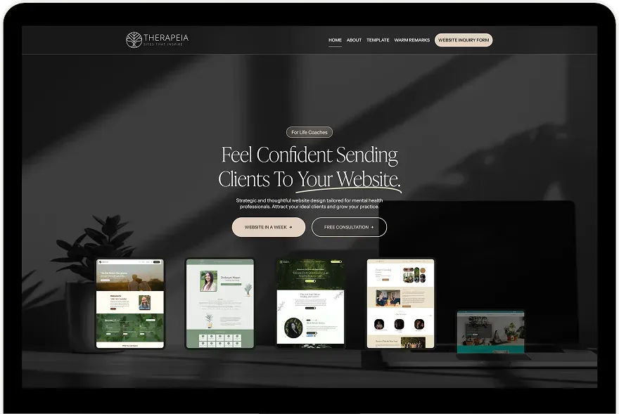 Website design showcase featuring Therapeia's tailored services for life coaches, highlighting multiple device screens displaying modern website layouts and an inviting aesthetic.
