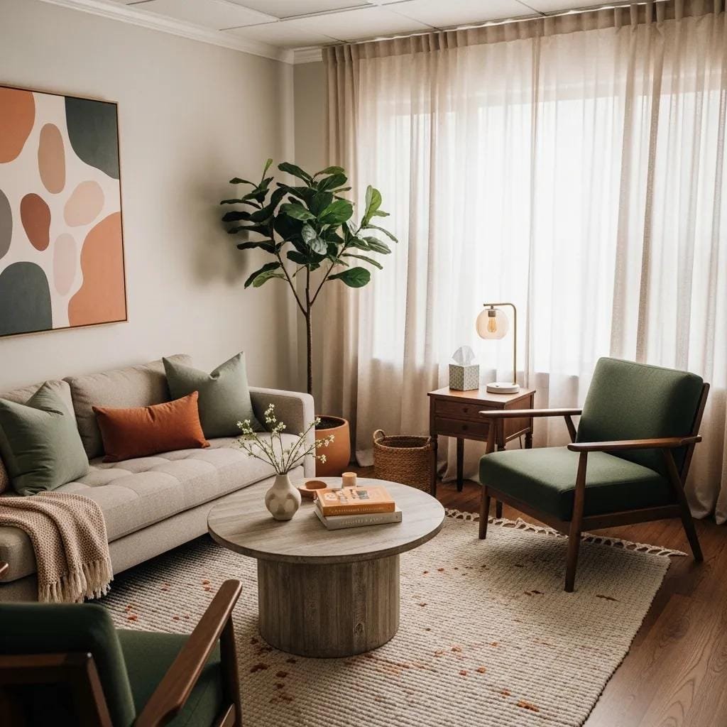 Inviting therapist office with calming decor and comfortable seating, reflecting a professional mental health practice