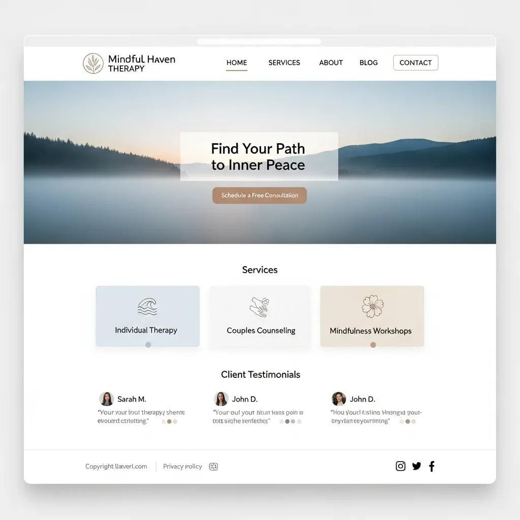 Minimalist therapist website design with clean layout and soothing colors, emphasizing user-friendly navigation
