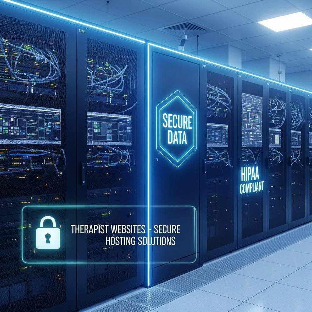 Secure server room representing HIPAA compliance and data protection for therapist websites
