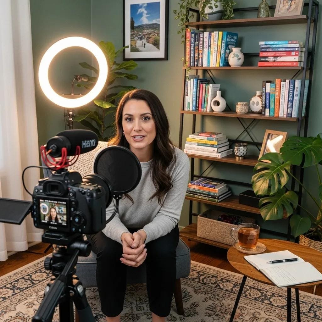 Therapist recording video content in a cozy office, highlighting engaging mental health topics