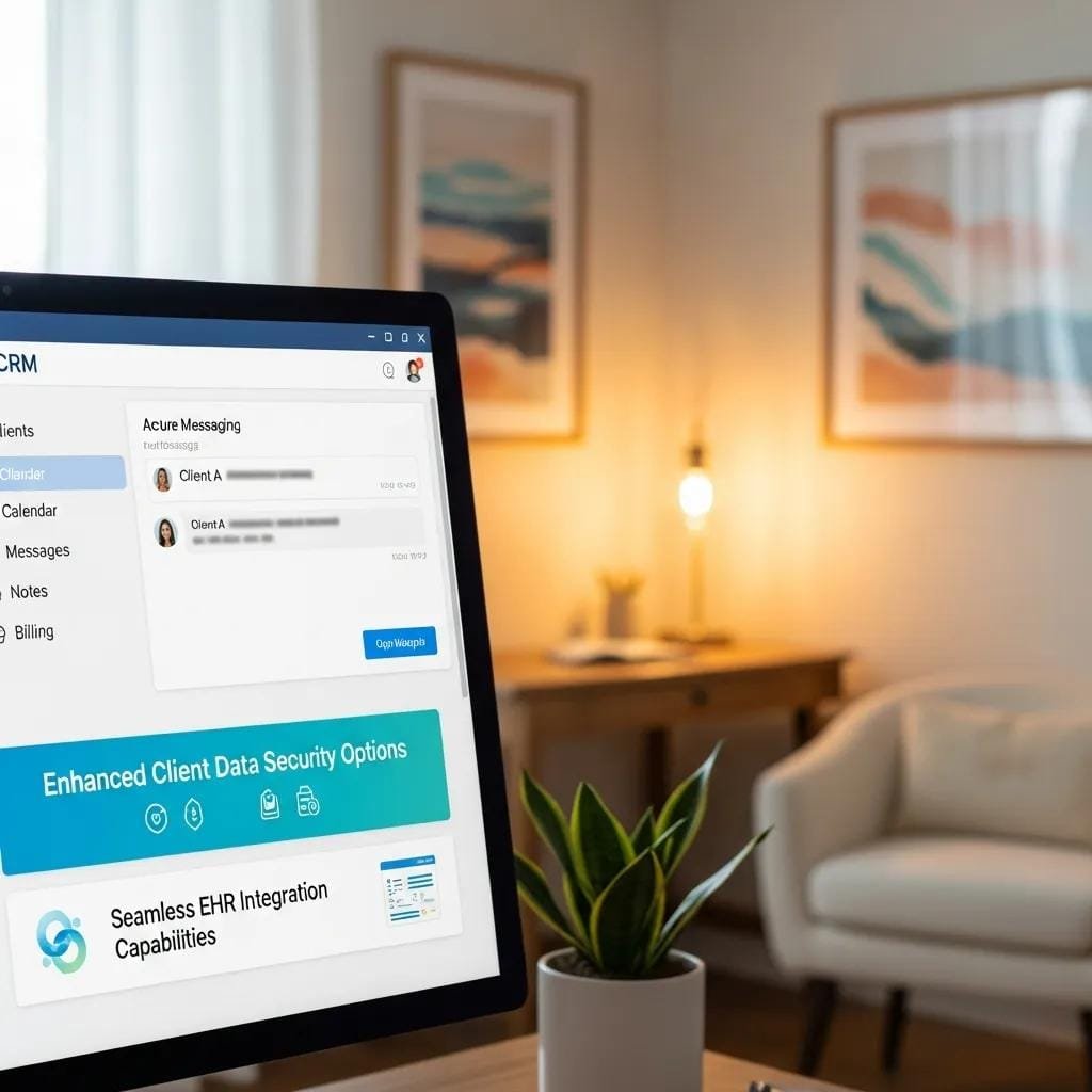 User-friendly CRM interface for therapists highlighting key features like security and integration