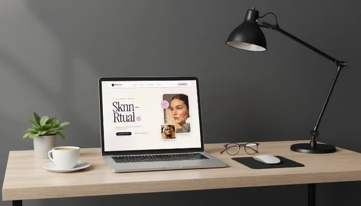 Laptop displaying a modern skincare website design titled "Skinn-Ritual," featuring a woman's portrait and a dog, complemented by a stylish desk setup with a plant, coffee cup, and desk lamp.