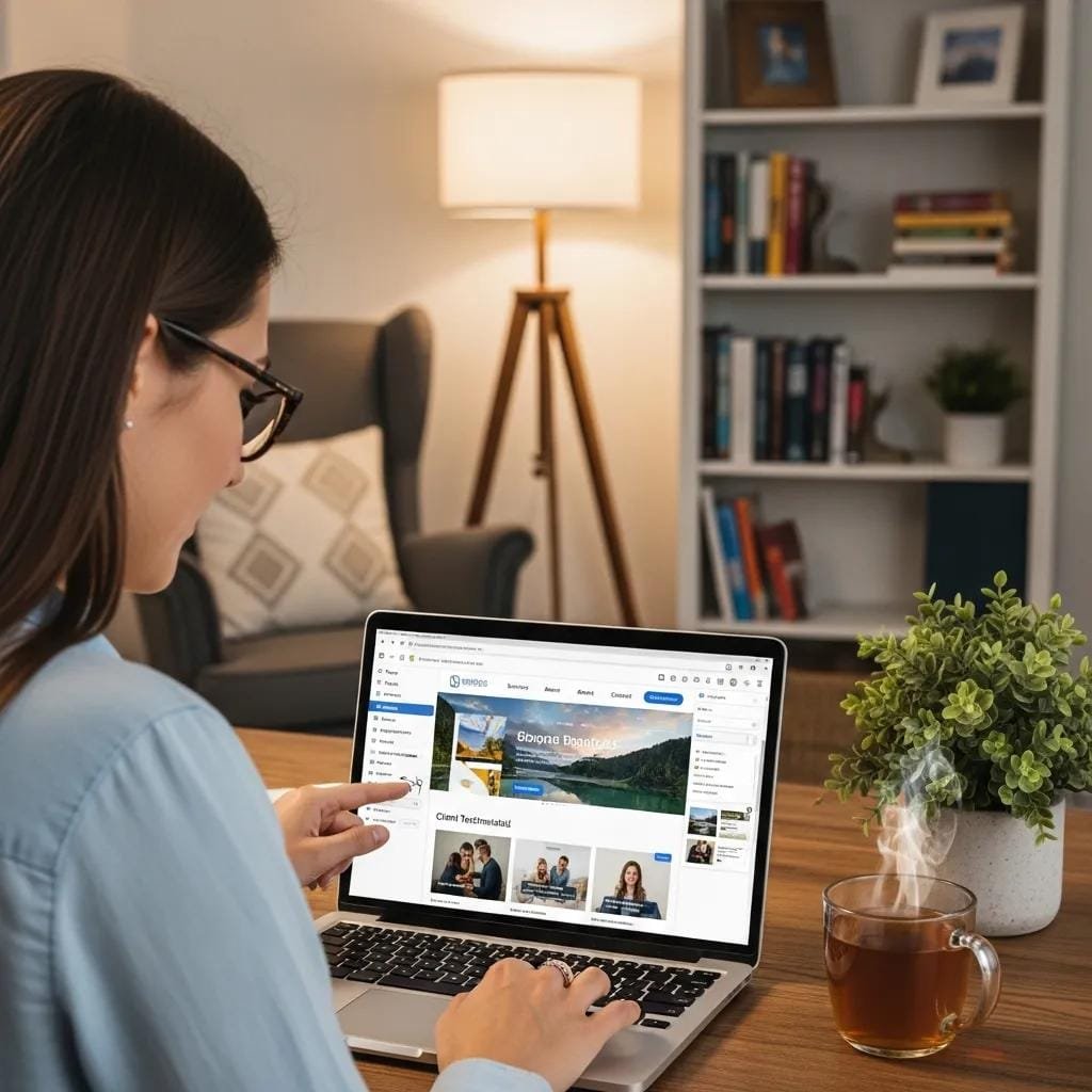 A therapist customizing their website on WordPress, highlighting the platform's features for mental health professionals
