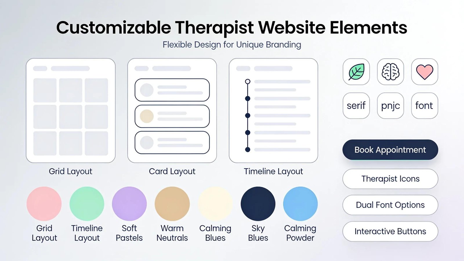 Customizable website elements for therapists showcasing design flexibility and branding options