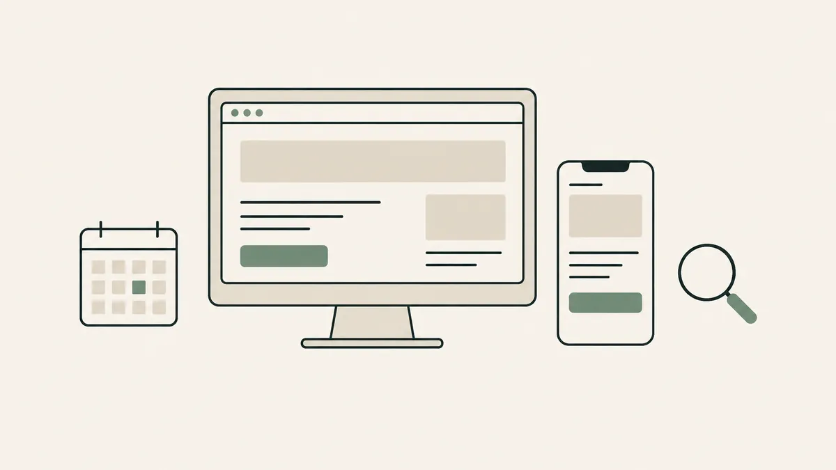 Desktop and mobile page layouts with calendar and search icons illustrate a complete therapy website