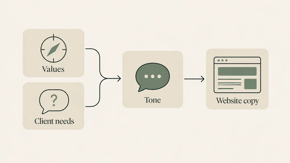 Values and client needs shape tone and website copy in a diagram of authentic therapy brand messaging.