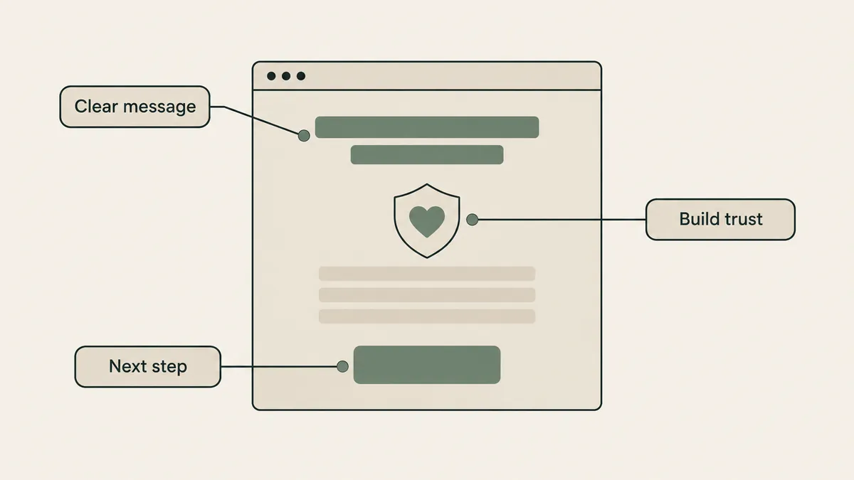 A webpage diagram highlights clear messaging, trust and a next step for an effective therapy landing page.