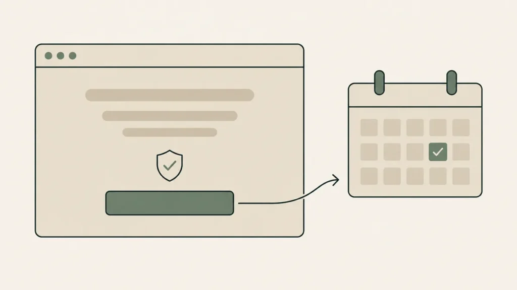 A landing page call-to-action leads to a checked calendar date, illustrating a clear path to therapy booking.