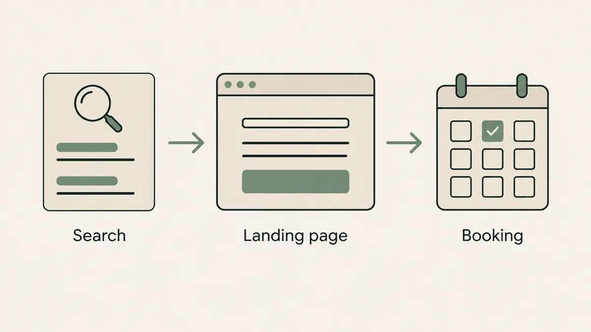 Search results lead through a landing page to a booking calendar, showing a therapy client acquisition path.