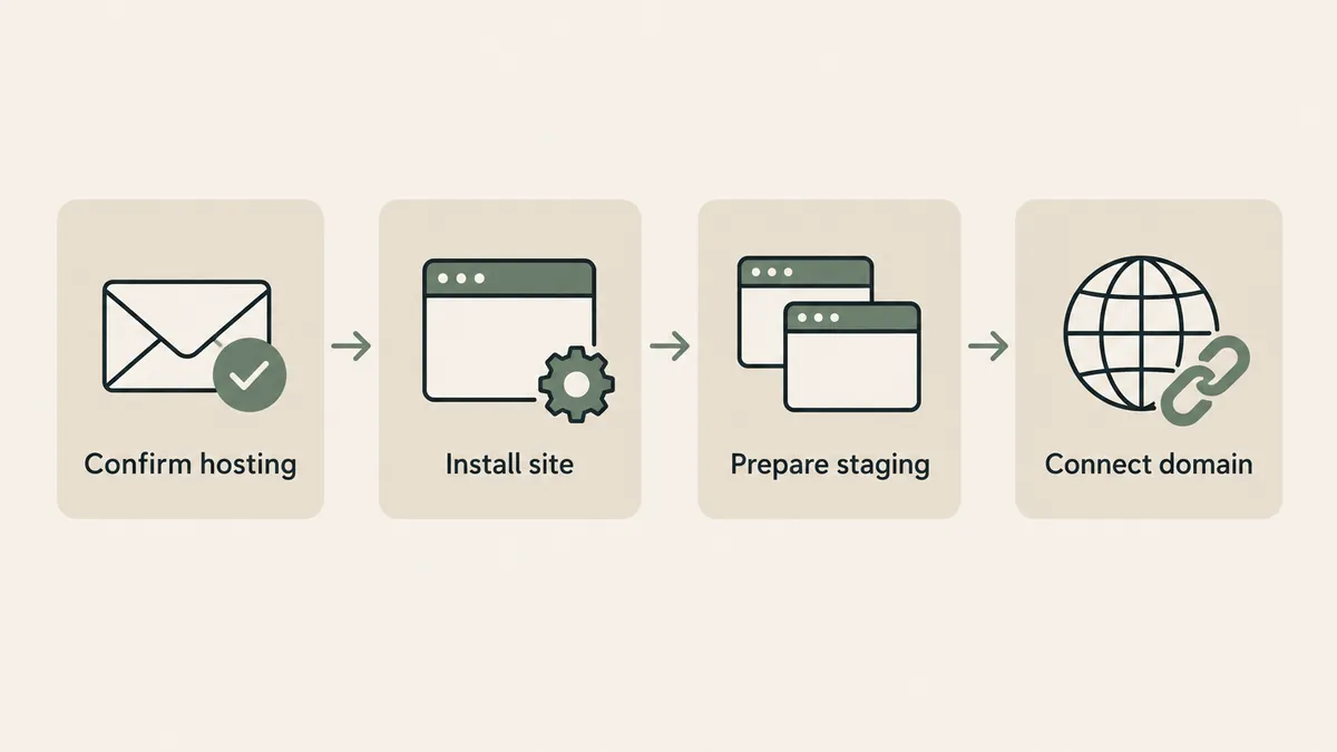 Four connected cards show hosting confirmation, site installation, staging and domain connection in a website team handoff.