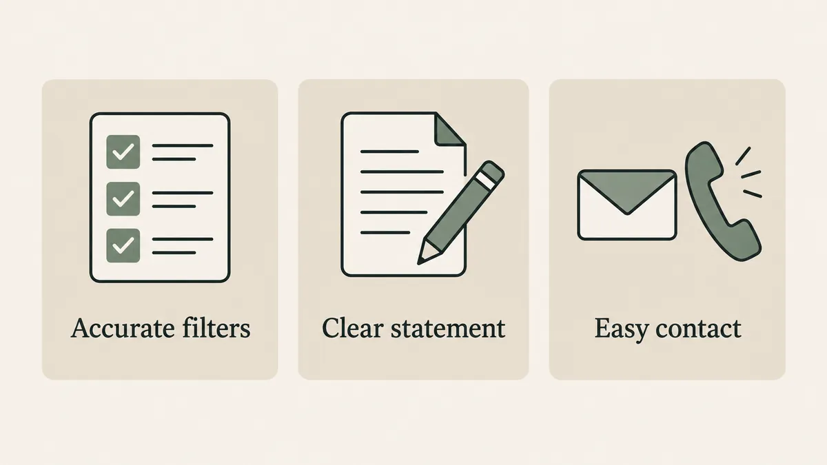 Checklist, statement and contact cards show three practical improvements for a therapist directory profile.