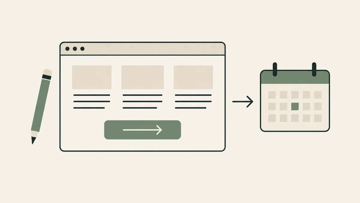A concise webpage, pencil and clear button connect to a calendar, illustrating therapy website copy and booking.