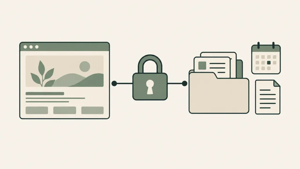 A website connects through a padlock to records and scheduling tools, illustrating private practice EMR integration.