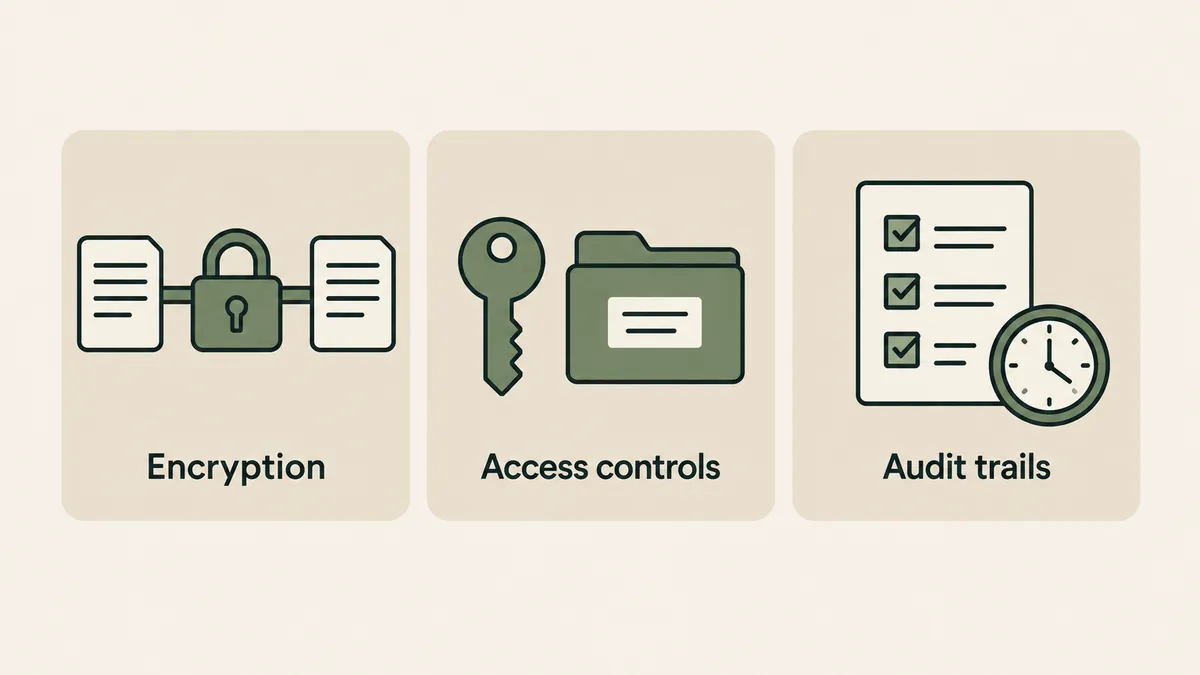 A padlock, records key and timed checklist illustrate encryption, access controls and audit trails for EHR integration.