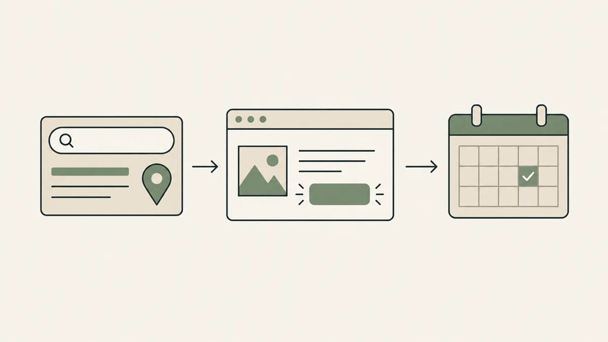A local search result leads through a website to a booked calendar date, illustrating the counselor SEO journey.