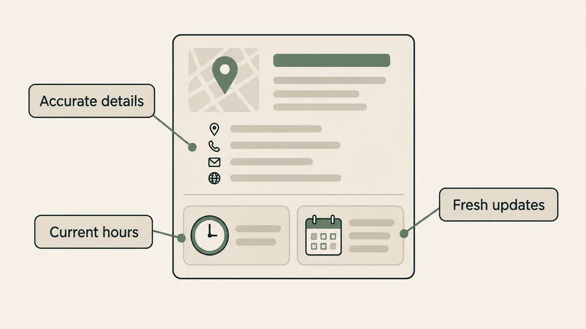 A business listing highlights accurate details, current hours and fresh updates for a therapist local search profile.