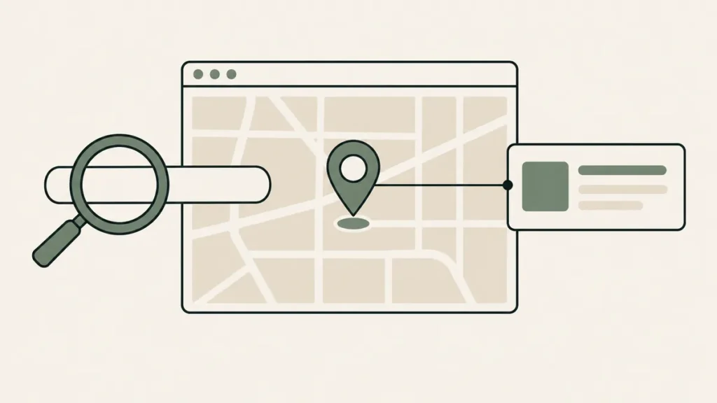 A magnifying glass, map pin and connected listing card illustrate a therapy practice appearing in local search.
