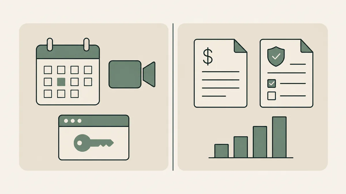 Two panels contrast scheduling and client access with billing and reporting for a therapy EHR comparison.