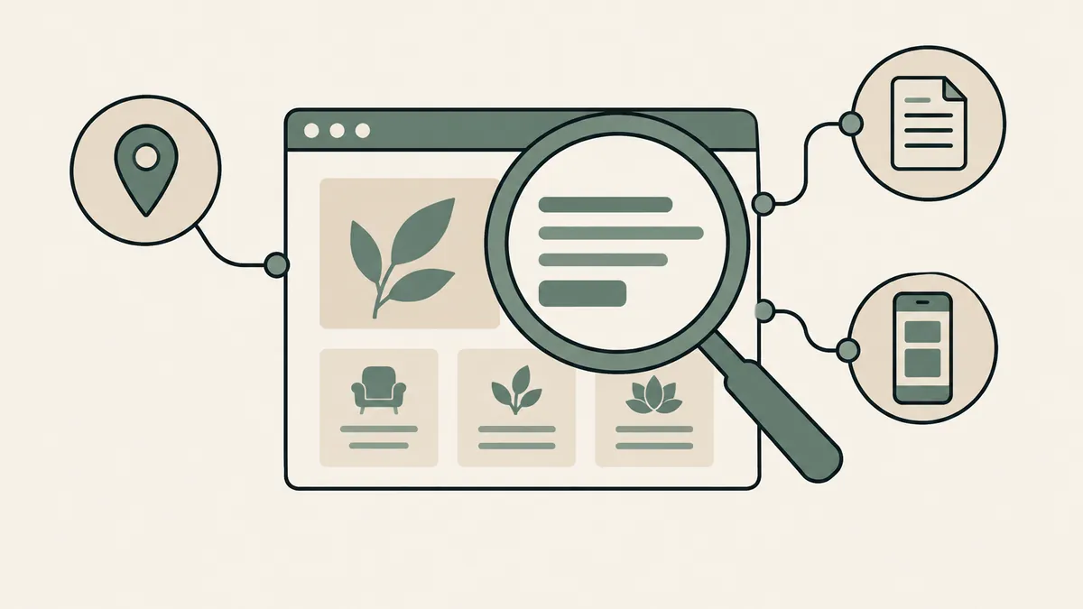 A magnified webpage connects to location, content and mobile icons, showing coordinated SEO for a therapy practice.