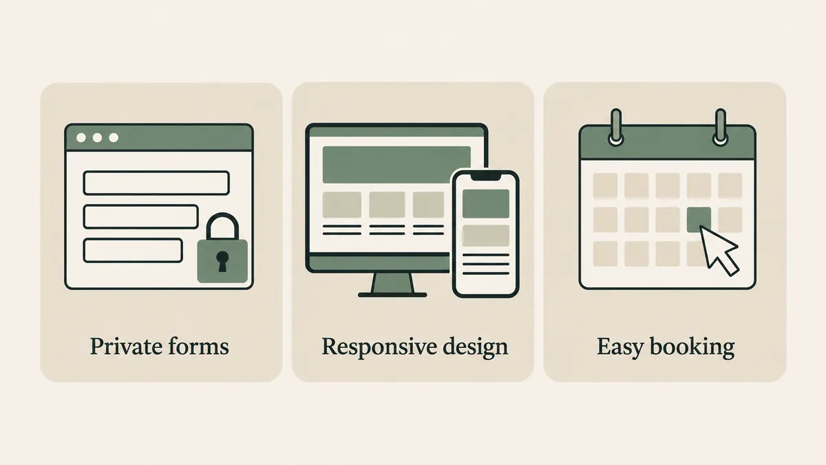 A locked form, responsive screens and booking calendar show essential features of a therapist website redesign.