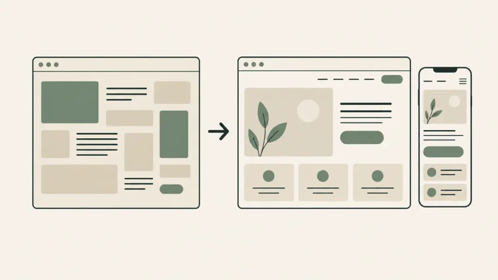 A crowded page becomes a clear desktop and mobile layout, illustrating a therapist website redesign.