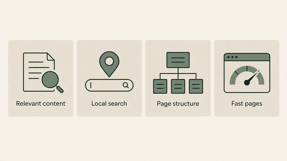 Content, local search, page structure and speed symbols show SEO priorities for a therapist website redesign.