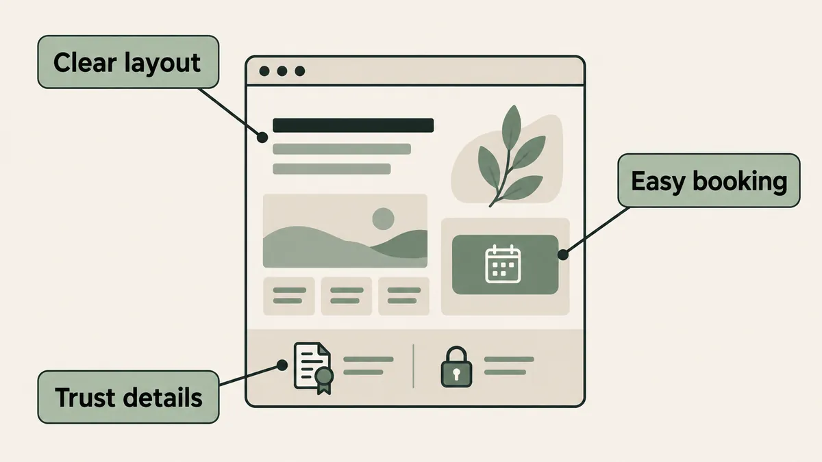 Callouts highlight a clear layout, easy booking and trust details on a simplified mental health landing page.