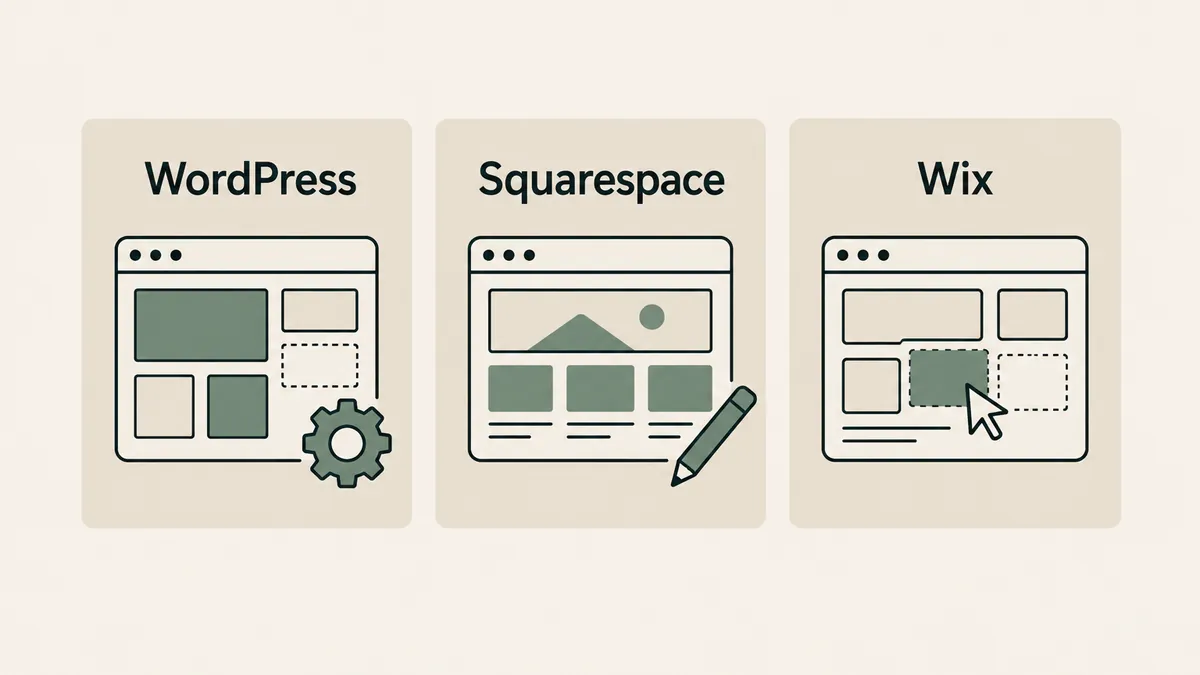 Three browser cards compare modular, template and drag-and-drop approaches to building therapist websites.