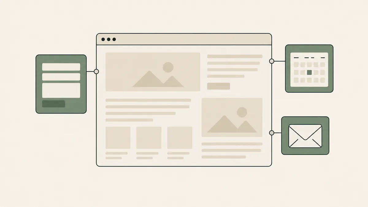 A website layout connects to highlighted contact form, calendar and inbox modules that collect visitor information.