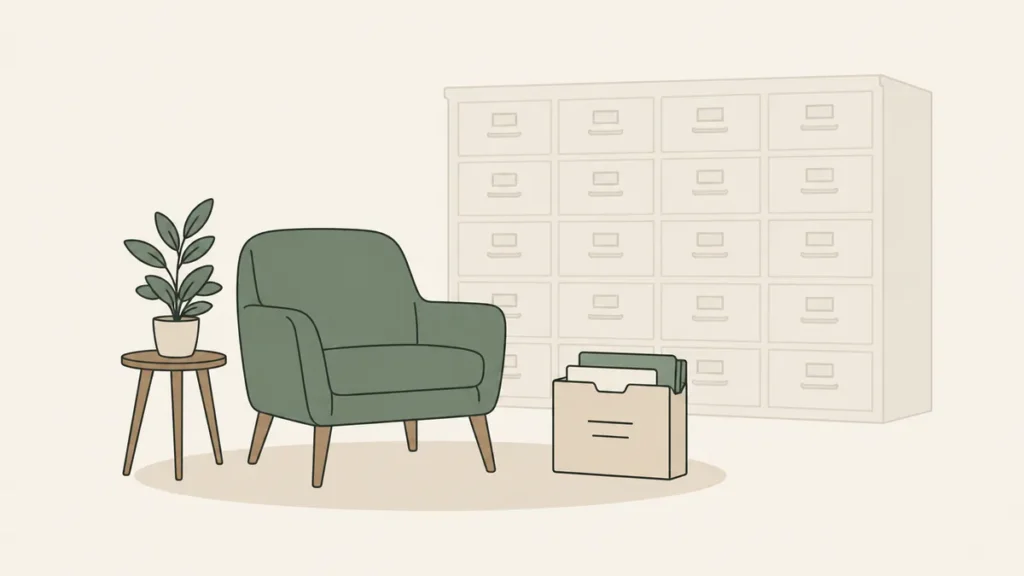One armchair and a compact file folder sit in front of a faint large cabinet, suggesting software sized for solo practice.