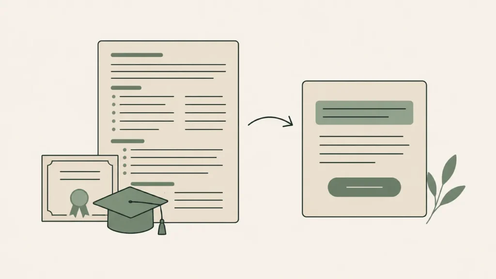 A dense resume-style bio with credentials becomes a shorter reader-focused note with a highlighted opening and button.